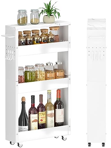 XYZLVSI Slim Storage Cart, 5 in Width, 4-Tier White Rolling Cart with Handle & Wooden Top for Kitchen Bathroom Laundry Narrow Places - size: 5.1IN-White