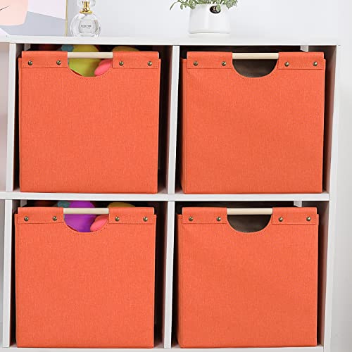 HOONEX Large Collapsible Storage Bins, Linen Fabric, Pack of 2, Storage Baskets with Wooden Carry Handles and Sturdy Heavy Cardboard, for Home, Office, Car, Nursery, Orange - color: Orange