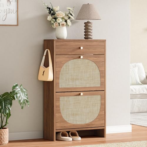 Shoe Storage Cabinet for Entryway, Slim Shoe Rack with 2 Flip Drawers and Top Storage Drawer, Narrow Shoe Organizer with Arched Rattan Accent, Entryway Shoe Storage for Size 13.5 Shoes, Caramel - color: Warm Caramel, style: 2 Flip Drawer & Top Drawer