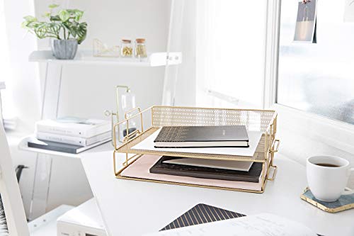 BLU MONACO | Paper Tray Stackable Gold Mesh Set of 2 | Stackable File Trays for Desk Organization | Tiered Desk Organizer with Metal Letter Trays - color: Gold