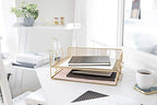 BLU MONACO | Paper Tray Stackable Gold Mesh Set of 2 | Stackable File Trays for Desk Organization | Tiered Desk Organizer with Metal Letter Trays - color: Gold