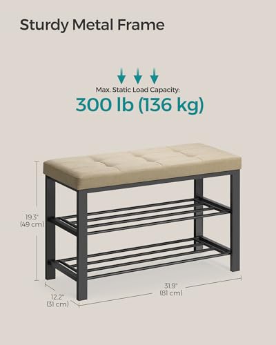 SONGMICS Shoe Bench, Storage Bench, Entryway Bench with Cushion, Shoe Shelf with Seat, Space-Saving, Modern Style, for Living Room, Bedroom, Hallway, Camel Brown and Ink Black ULBS057K01 - color: Camel Brown + Ink Black, size: 31.9"W