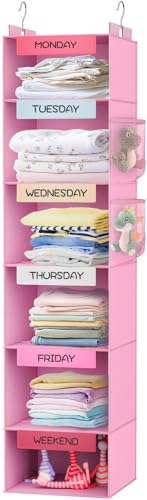 VERONLY Weekly Hanging Closet Organizer for Kids, 6-Shelf Clothes Storage with Labeled Days of The Week Monday Through Friday, Weekday and Weekend, Days of the Week Clothes Organizer - color: Pink