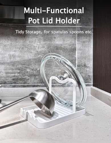 Anti-Rust Metal Spoon Rest with Lid Holder, Heat-Resistant Pot Lid Rest, Multifunctional Spatula Holder While Cooking for Stovetop and Kitchen Counter – White - color: White
