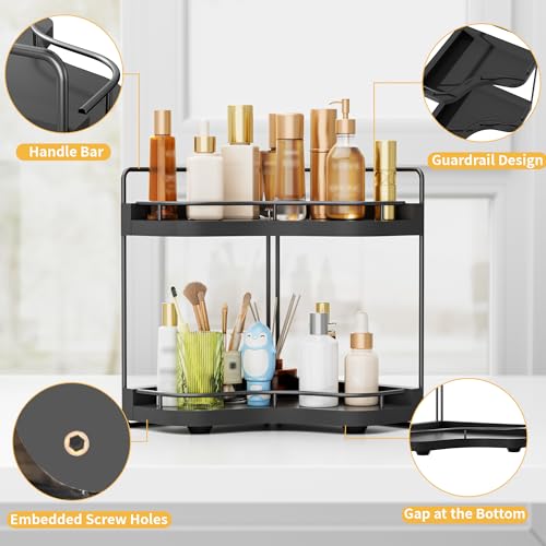 2-Tier Corner Bathroom Counter Organizer with Embedded Screw Holes, Secure & Stable Wood Vanity Shelf for Makeup and Skincare Essentials - Space Saving Bathroom Countertop Storage, Black - color: Black