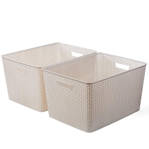 BINO | Plastic Storage Baskets, 45 Liter - 2 Pack, Natural | THE WOVEN COLLECTION | Storage Basket for Shelves | Woven Storage Baskets for Organizing Bins | Pantry Shelf Organizer | Container Bin - color: Natural, size: 45L | 2-Pack