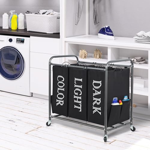 STORAGE MANIAC 3 Section Laundry Sorter, 35.9 Gal (136 L) Laundry Hamper Cart with Heavy Duty Rolling Lockable Wheel and Removable Bag, Clothes Organizer Basket Clothes Separator Hamper, Label Black - color: Lable Black, size: 3 Section