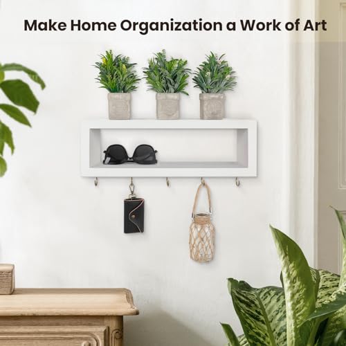 Lwenki Wall Shelf with Hooks - Decorative Key and Wallet Holder for Wall Holds Sunglasses, Leashes, Scarves and Lanyards - 15.7" x 5.1" x 2.9" Entryway Organizer Made of Paulownia Wood (White) - color: White