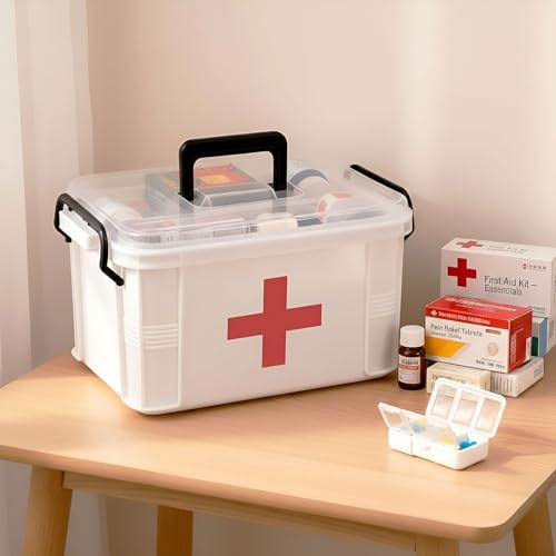 15QT Clear Medicine Organizer Box with Handle, Plastic Medicine Container with Tray First Aid Box Empty, Thickened Medicine Storage Organizer Multipurpose Medication Organizer Storage, White - color: White