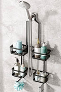 Aluminum Shower Caddy Hanging for Handheld Showerheads, Never Rust Shower Organizer with Hooks Holder Toothbrush Holder，Over Showerhead Caddy for Bathroom, Black - color: Black