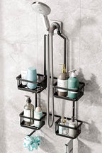 Aluminum Shower Caddy Hanging for Handheld Showerheads, Never Rust Shower Organizer with Hooks Holder Toothbrush Holder，Over Showerhead Caddy for Bathroom, Black - color: Black