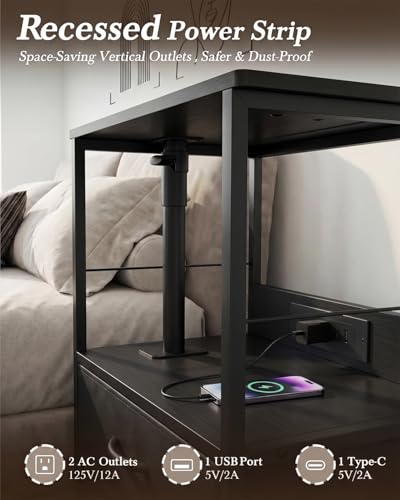 Faesun Swivel Lift Top Nightstand with Charging Station, Rolling Side Table for Recliner, Bedside Table with Wheels & 2 Fabric Drawers, for Small Spaces, for Bedroom, Living Room, Black - color: Black, size: 2 Drawers