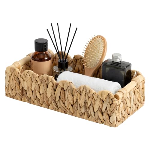 StorageWorks Toilet Paper Storage Basket, Living Room Organizers and Storage, Toilet Paper Basket with Wooden Handles, Small Water Hyacinth Scalloped Basket, Natural - color: Water Hyacinth(Natural), size: 14" L × 6¼" W × 4" H