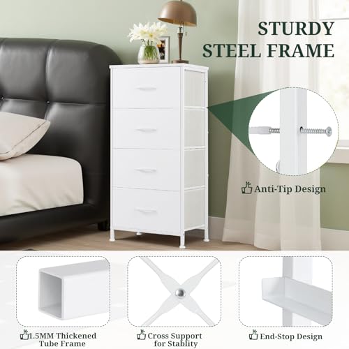 Nightstand, 4 Drawer Dresser End Table Bedside Furniture with Wooden Top Steel Frame Fabric Bins for Bedroom, Closet, Entryway, Dorm, Living Room, White - color: White, size: 11.8"D x 17.7"W x 37.4"H (4 Drawers)