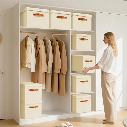 Homsorout Storage Bins with Lids - Fabric Storage Baskets for Shelves, 6 Pack Foldable Decorative Boxes with Handles, Stackable Organizer Bins for Home, Nursery, Dorm, Beige - color: Beige, size: L(6-Pack)