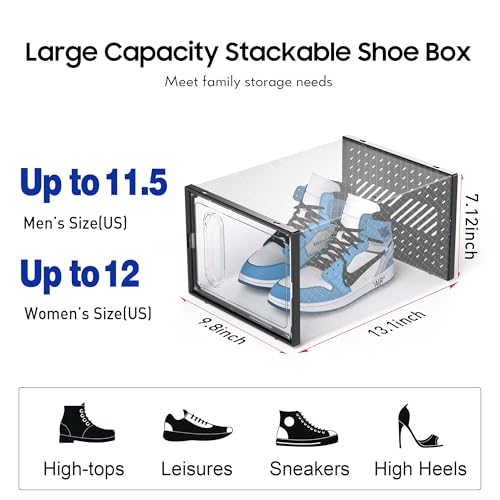 eWonLife X-Large Shoe Boxes with Magnetic Door, 12-Pack Stackable Shoes Storage Organizer for Closet, Clear Plastic Sneaker Container Shoe Rack for Size 12, Black - color: Black