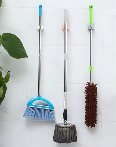 2Pcs Broom Holder Mop Hanger Wall Mount Hook Plastic Easy Install No-Drill Strong Adhesive Organizer - color: Pink, size: 2 Pcs