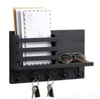 Wall Key and Mail Holder, Mail Organizer with 5 Metal Key Hooks, Selected Tung Wood, 11.8 x 6.7 inches, Includes mounting Hardware (Black) - color: Black