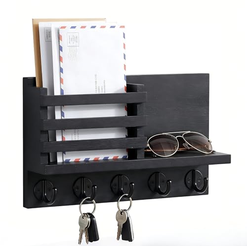 Wall Key and Mail Holder, Mail Organizer with 5 Metal Key Hooks, Selected Tung Wood, 11.8 x 6.7 inches, Includes mounting Hardware (Black) - color: Black