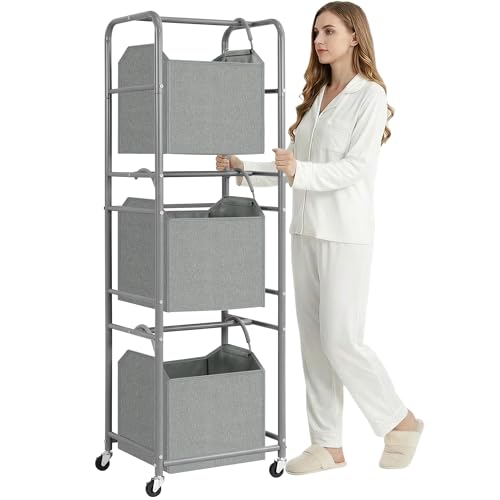 150L 3-Tier Vertical Laundry Hamper Sorter with Water-Resistant Removable Bag, Rolling Laundry Cart with Wheels & Brakes for Apartment, Dorm, Bathroom, Laundry Room, Grey