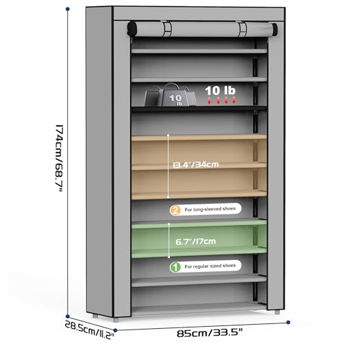 Mavivegue Shoe Rack with Cover, 10+1 Tier Tall Shoe Storage for 50-55 Pairs of Shoes, Shoe Organizer for Entryway, Closet, Garage, Grey - color: Grey, size: 10-Tier-Large