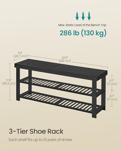 SONGMICS Shoe Rack Bench, 3-Tier Bamboo Shoe Storage Organizer, Entryway Bench, Holds Up to 286 lb, 11.3 x 42.9 x 17.8 Inches, for Entryway Bathroom Bedroom, Ink Black ULBS110B101 - color: Ink Black, size: 42.9"W