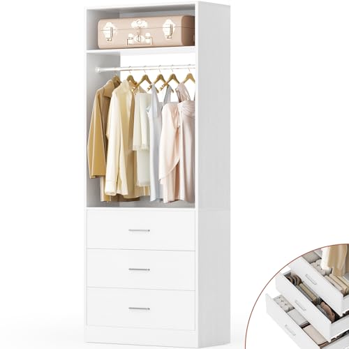 Besiost Freestanding 2FT Closet System with 3 Wood Drawers, 24" Closet Organizer System with Hanging Rod & Shelves, Walk-in Closet Systems for Small Closets, White (24"L x 15" W x 80" H) - color: White, size: 2FT
