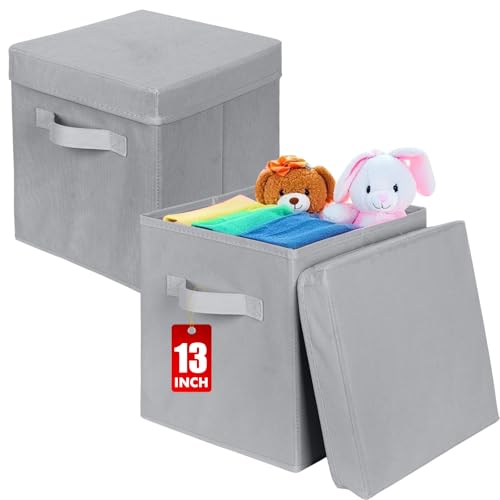 ShellKingdom Storage Bins, Foldable Fabric Storage Cubes with Lid, Clothes Storage Organizer Drawer For Closet Toys Storage, 13 X 13 X 13 INCH, 2 Pack (Grey) - color: Grey, size: 13 inch (2 Pack)
