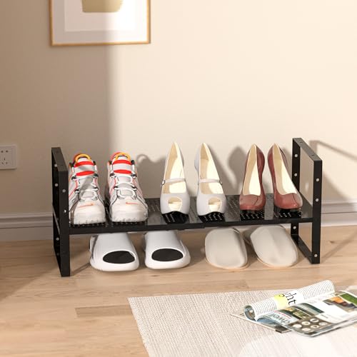 Multi-Functional Metal Shoe Rack,Expandable Adjustable Stackable Kitchen Organizer,Metal Shelf risers for cabinets, Kitchens and Closet, Bathroom(1Pack/Black/Medium) - color: Black, size: 1 PACK/BLACK/MEDIUM