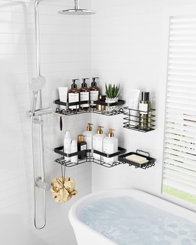 Sakugi Corner Shower Caddy - 4-Pack Shower Organizer with Soap Holder & Toothbrush Holder, Rustproof Metal Shower Shelves, Laundry, Kitchen, Bathroom Organizers and Storage Solution, Large, Black - color: Black, size: Large - 4 Packs