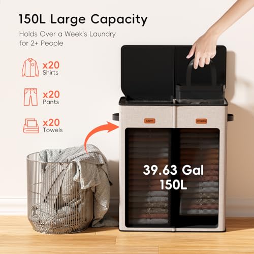 150L Double Laundry Hamper With Lid, Large Clothes Hampers with Removable Bag, Laundry Hamper 2 Section for Bathroom, Bedroom, Laundry Room, Dorm - color: Beige, size: 150L - 2 Section