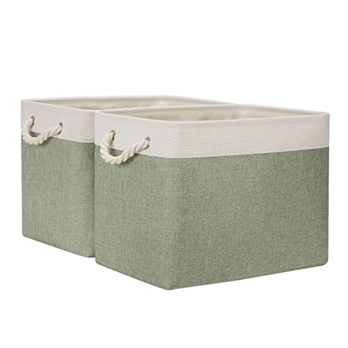 Temary Storage Baskets Fabric Storage Bins for Shelves, 2 Pack Decorative Storage Boxes Canvas Storage Basket with Handles for Organizing Clothes, Books(White&Green,16Lx12Wx12H Inches) - color: Green&white, size: 16L x 12W x 12H inches (2pcs)