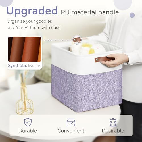 FinishingBo Cube Storage Baskets 6 Pack, 11x11 inch Cube Storage Bins with Leather Handles for Shelf Closet (White/ Purple) - color: White/ Purple