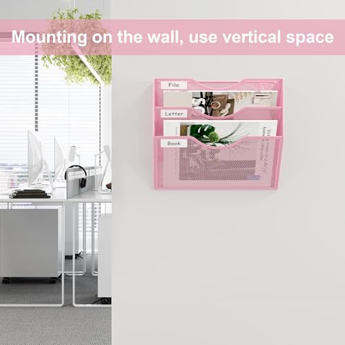EasyPAG 3 Pocket Mesh Wall File Organizer, Hanging Paper Folder Holder with Classify Label, Vertical Wall Mount Mail Organizer for Office Home Classroom, Pink - color: Pink, size: 3 Tier
