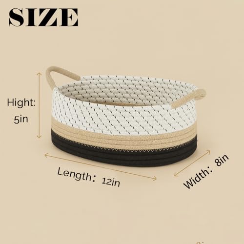 Yimi's Dream Cotton Rope Basket – Woven Gift Basket with Handles, Decorative Storage Basket for Baby Shower, Housewarming, Nursery, Toys, Laundry, Towels - color: brown&black with brown handle, size: Oval - 12"x8"x5"