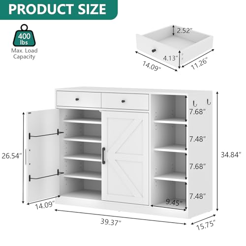 Loomie 5-Tier Shoe Cabinet with 4 Side Cubbies, Farmhouse Shoe Rack Cabinet with 6 Adjustable Shelves & 2 Drawers, Freestanding Shoe Storage Cabinet with 4 Brackets & 2 Hooks for Entryway (White) - color: White