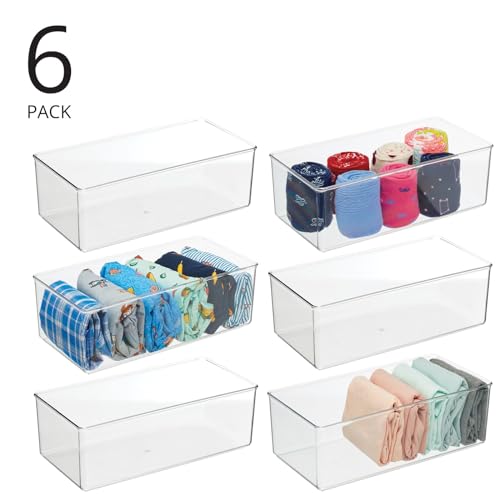 mDesign Long Plastic Drawer Organizer Box, Storage Organizer Bin Container; For Closets, Bedrooms, Use for Leggings, Socks, Ties, Jewelry, Accessories - Lumiere Collection - 6 Pack - Clear - size: 12 x 6 x 4 (Pack of 6)