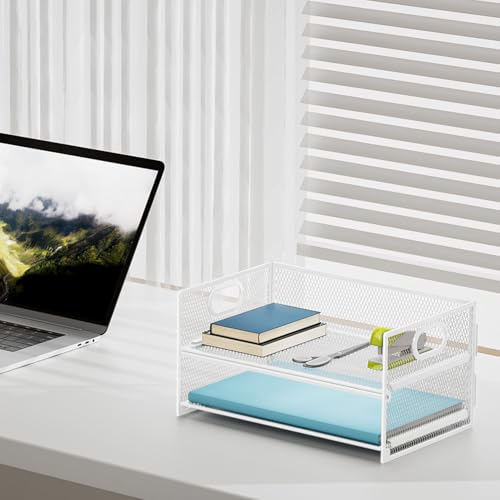 Marbrasse 2 Tier Paper Organizer Letter Tray, Mesh File Organizer with Handle, Paper Sorter Desk Organizer for Home Office Supplies - White - color: 2 Tier White