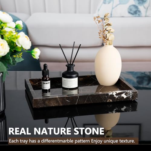 Real Natural Marble Tray for Bathroom, Vanity, Kitchen and Desktop, Rectangle Genuine Marble Stone Tray for Jewelry, Cosmetics, Candles, Lotion, Perfume and Home Decor Brown - color: Brown, size: 12" x 8" x 1.2"