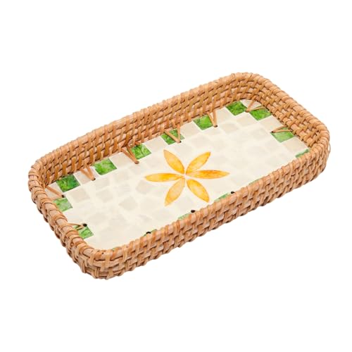 Rattan Serving Tray with Mother of Pearl Inlay, Small Rectangle Handmade Woven Storage Basket Decorative Tray for Home Decor, 8.3"x4.3" - color: Green Grid Yellow Leaves, size: 8.3" x 4.3" x 1.6"