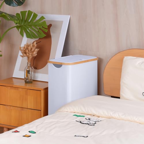 Slim Laundry Basket with Wheels,Narrow Hampers for Laundry,Freestanding Laundry Hamper with Lid&Bamboo Handles,Collapsible & Waterproof Tall Cloth Hamper for Dorm Family(60L White) - color: White, size: 60L with Wheels