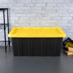 Sterilite 38 Gal Industrial Tote, Stackable Storage Bin with Snap-Fit Lid for Garage, Basement & Attic Storage, Black Base and Yellow Lily Lid, 4-Pack - size: 38 Gallon