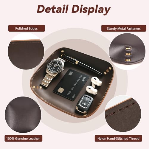 Genuine Leather Valet Tray-Handmade Brown Leather Catchall Organizer for Desk, Nightstand Bedside Desk & Entryway Table Storage Tray for Keys, Phone, Wallet, Coins, Jewelry for Women & Men