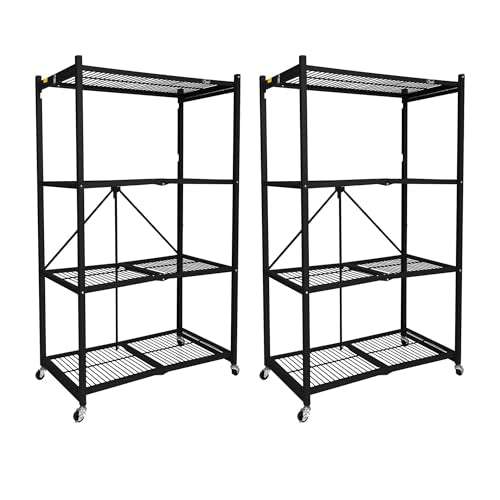 Origami 2 Pack 4 Tier Foldable Metal Garage Storage Shelf Rack, Wheels & Powder Coated Steel, Black - color: Black, size: 2-Pack