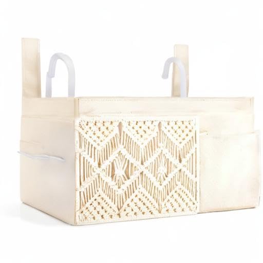 Mkono Bedside Caddy Hanging Organizer, Boho Macrame Storage with Fixed Straps and Hooks, 4 Pockets Holder Remote Magazine Accessories for Home Loft Bunk Bed, Dorm, Hospital Beds
