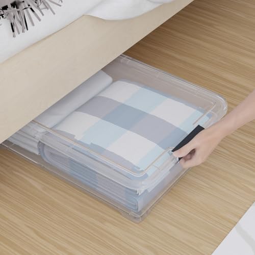 4-Pack 25L Plastic Under Bed Storage Organizer Bin Container with Latch Lids and Wheels, Clothes Storage Box Rolling Underbed, Clear - size: 25L