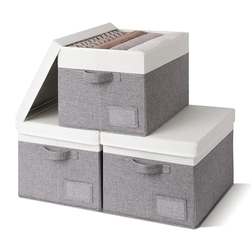 GRANNY SAYS Storage Bins with Lids, Linen Closet Storage Boxes, Collapsibe Storage Bins for Clothes, Storage Containers with Label Holder, 3-Pack, Gray&Ivory - color: White&Gray, size: Large