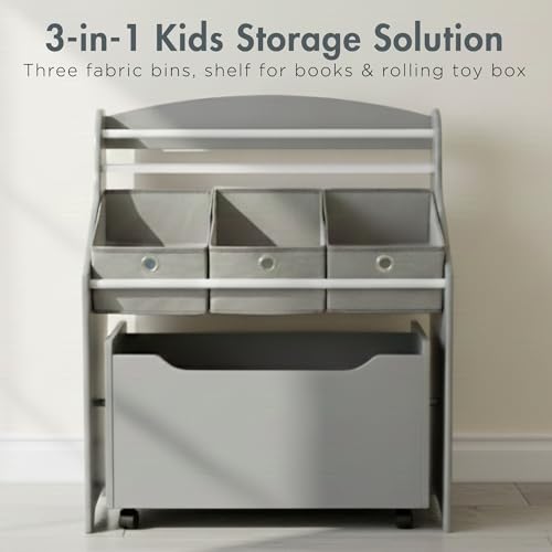 Humble Crew 3-in-1 Kids Bookshelf and Toy Storage Organizer, Grey - Toddler Organizers with Rolling Toy Box and 3 Fabric Bins – Sturdy Baby Book Shelf, Perfect for Nursery and Playroom - color: Grey/Grey
