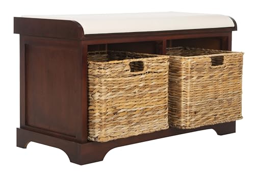 SAFAVIEH Home Collection – Freddy Cherry Storage Bench with Wicker Baskets & Cushion, Entryway Seating Bench, Fully Assembled (AMH5736E) - color: Cherry