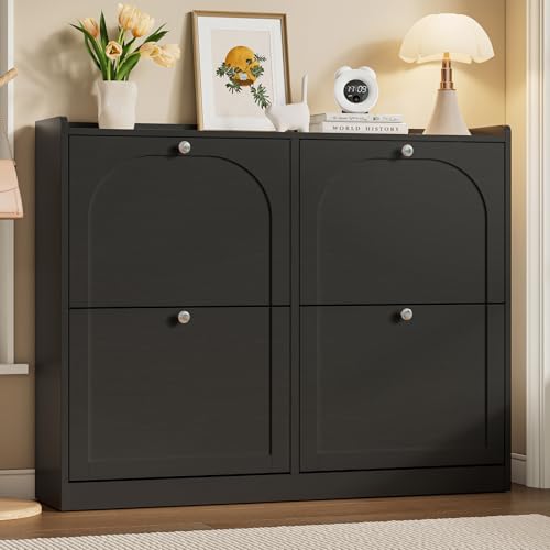 ONBRILL Shoe Cabinet with 4 Flip Drawers, Freestanding Ultra Slim Hidden Shoe Organizer with Classic Arched Pattern, 16-24 Pairs Shoe Storage Cabinet for Entryway Hallway Living Room (Black) - color: Black